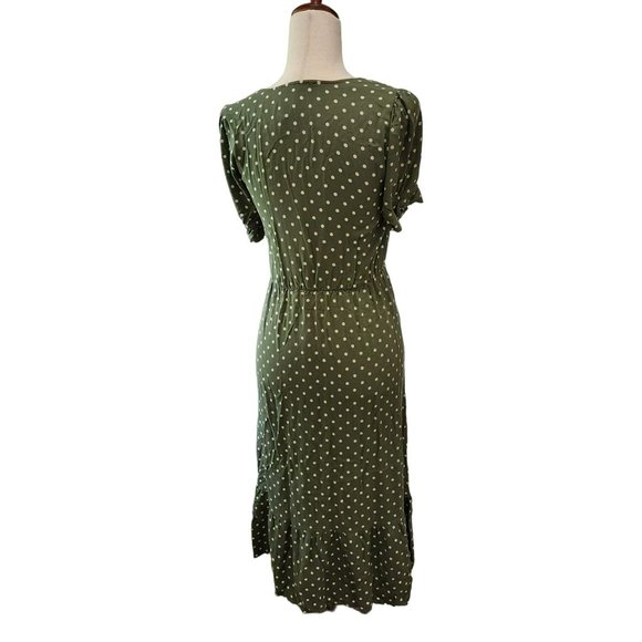 Zara Olive Green And Cream Polka Dot Short Puff Sleeve Midi Dress Size XS - Picture 14 of 15